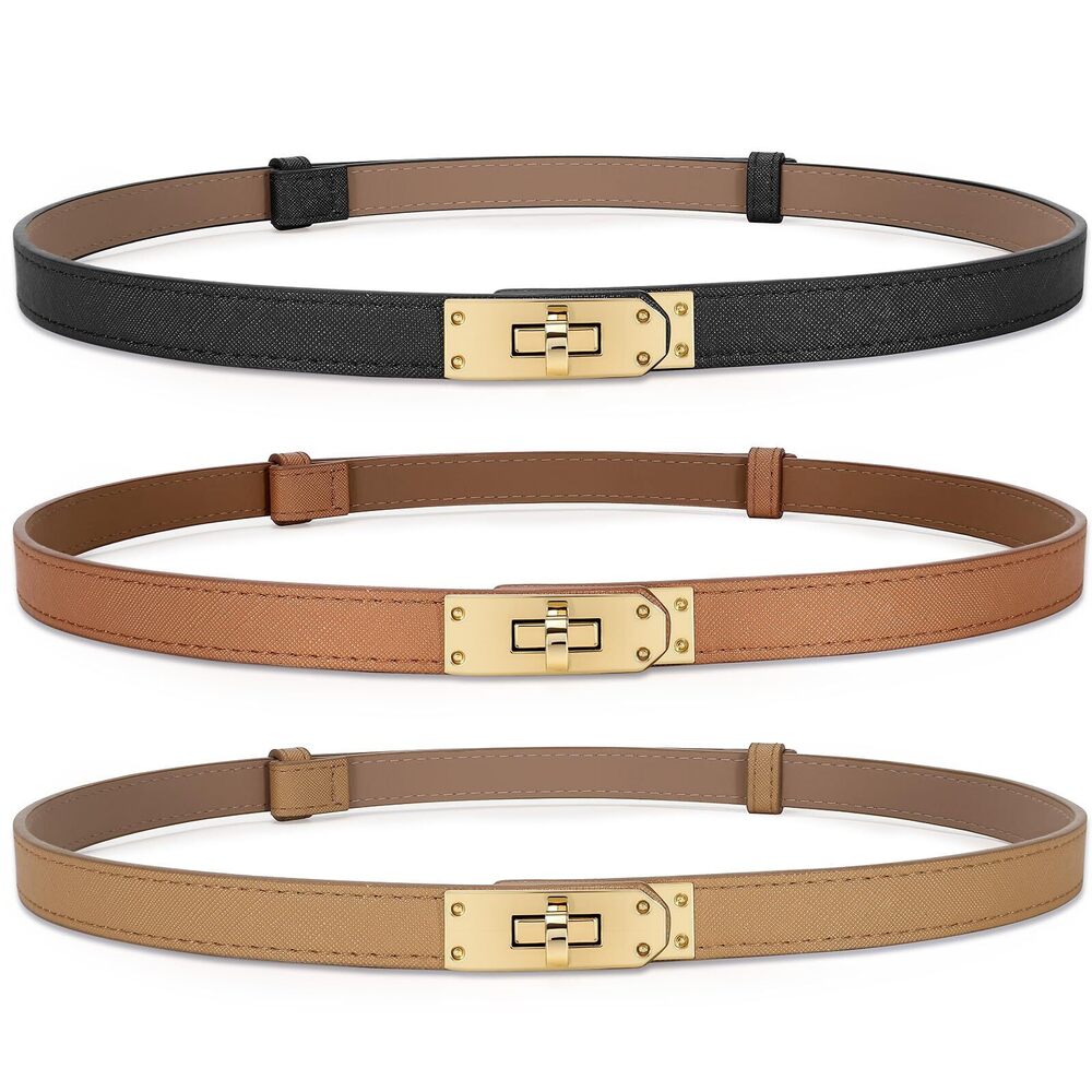 4294 3 Pack Women Skinny Leather Belt With Turn-lock Buckle Adjustable